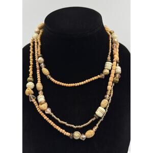 Vintage 30” Single Strand Neutral Boho Multi Strand Art Glass Wood Bead Necklace